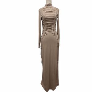 Zahraa The Label Ruched Tie Ribbed Beige Maxi Dress Size Medium